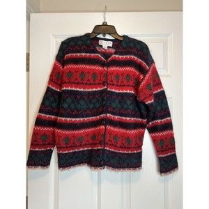 Vintage Michelle Stuart Studio Mohair Blend Fair Isle Womens Cardigan Sweater L
